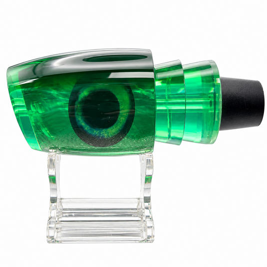 Andy’s Boy L green offshore trolling lure head with MOP insert on clear stand