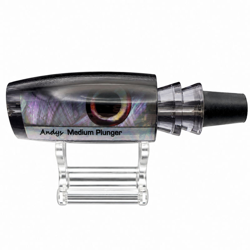 Load image into Gallery viewer, Andy’s Medium Plunger Black Back Smoke Belly White MOP lure head labeled side view
