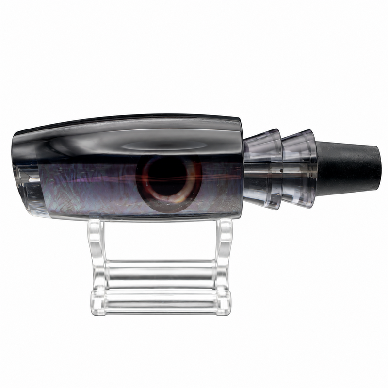 Load image into Gallery viewer, Andy’s Medium Plunger Black Back Smoke Belly White MOP lure head side view
