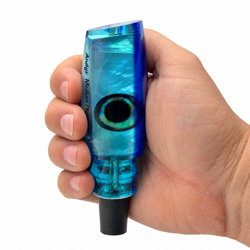 Load image into Gallery viewer, Andy’s Medium Plunger Dark Blue Back Bermuda Blue Belly White MOP lure head in hand
