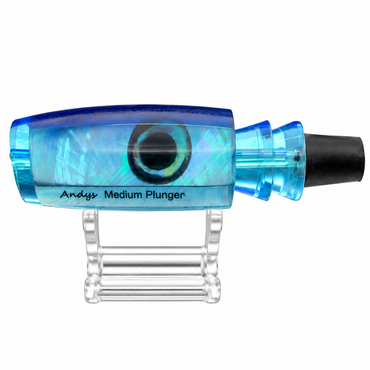 Andy’s Medium Plunger Dark Blue Back Bermuda Blue Belly White MOP lure head labeled side view