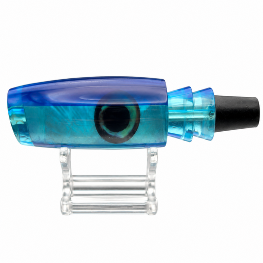 Andy’s Medium Plunger Dark Blue Back Bermuda Blue Belly White MOP lure head side view
