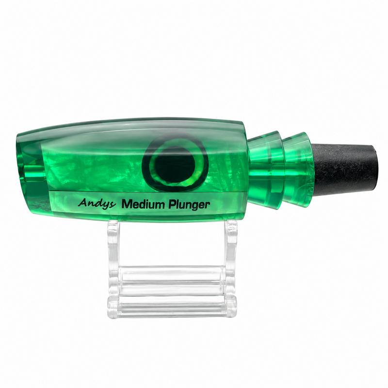 Load image into Gallery viewer, Andy’s Medium Plunger dark green back neon green belly White MOP lure head labeled side view
