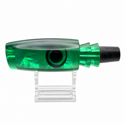 Andy’s Medium Plunger dark green back neon green belly White MOP lure head side view