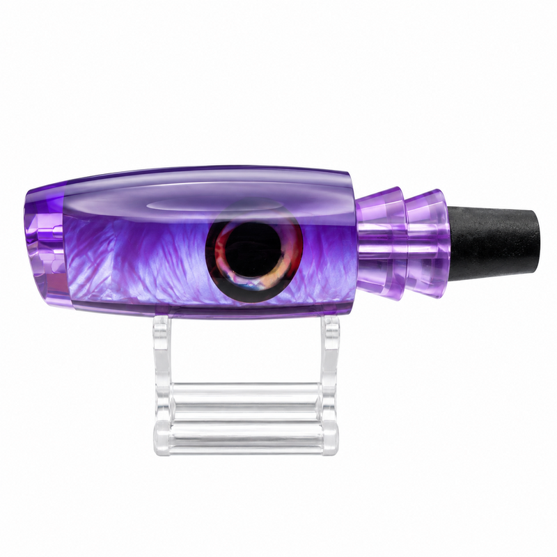 Load image into Gallery viewer, Andy’s Medium Plunger Dark Purple Back Neon Purple Belly White MOP lure head side view
