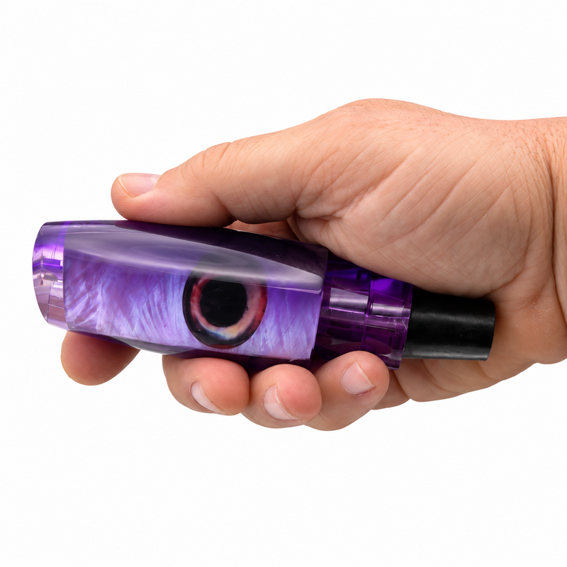 Load image into Gallery viewer, Andy’s Medium Plunger Dark Purple Back Neon Purple Belly White MOP lure head side view in hand
