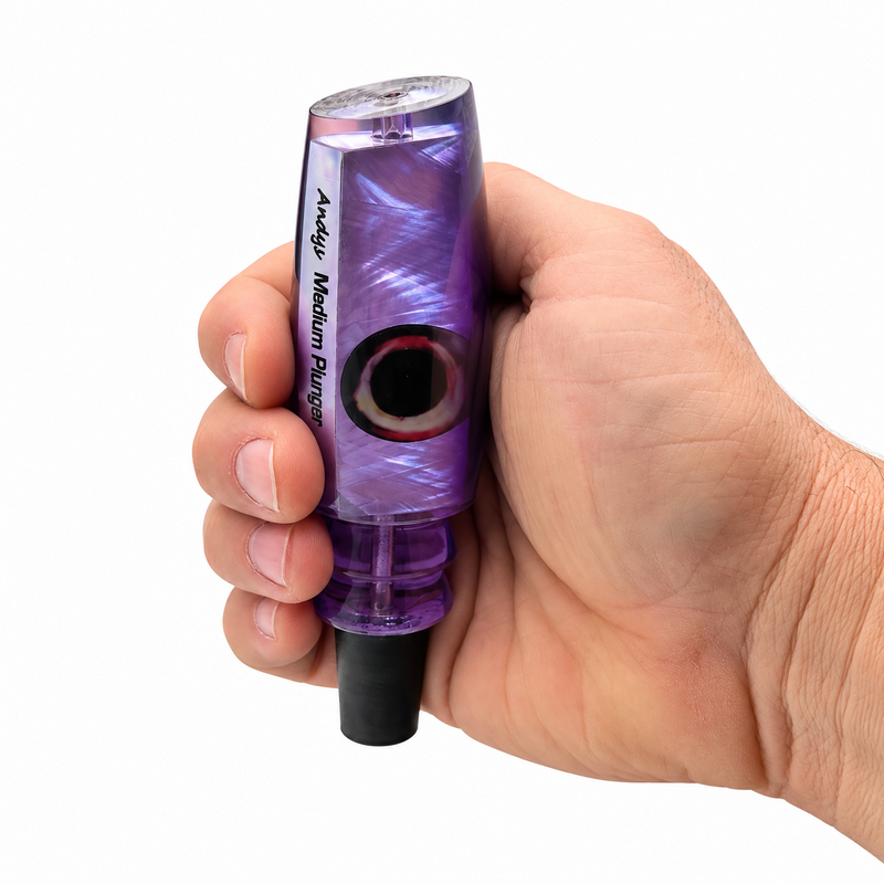 Load image into Gallery viewer, Andy’s Medium Plunger Dark Purple Back Neon Purple Belly White MOP lure head in hand
