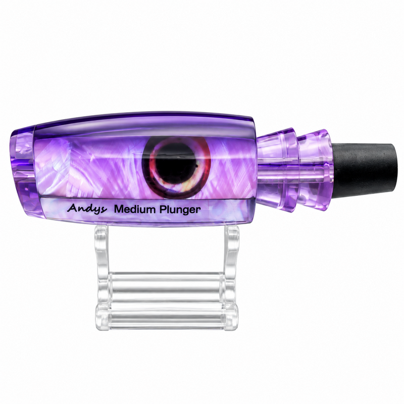 Load image into Gallery viewer, Andy’s Medium Plunger Dark Purple Back Neon Purple Belly White MOP lure head labeled side view
