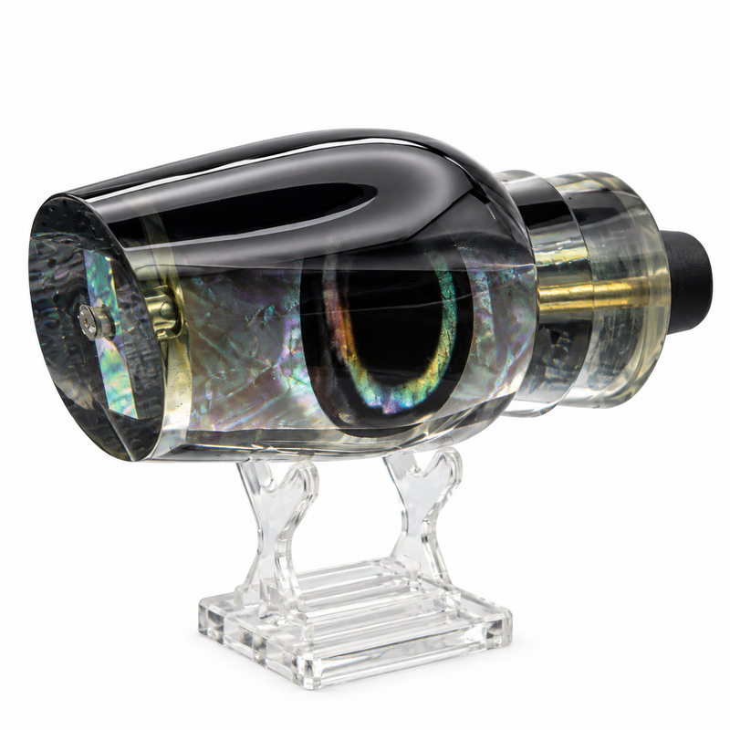 Load image into Gallery viewer, Angled view of Andy’s Not a Sumo Black Back Smoke Bottom trolling lure head with White Mother of Pearl insert
