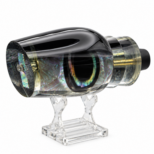 Angled view of Andy’s Not a Sumo Black Back Smoke Bottom trolling lure head with White Mother of Pearl insert