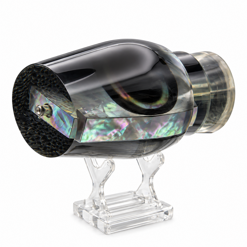 Load image into Gallery viewer, Front angled view of Andy’s Not a Sumo Black Back Smoke Bottom trolling lure head with White Mother of Pearl insert
