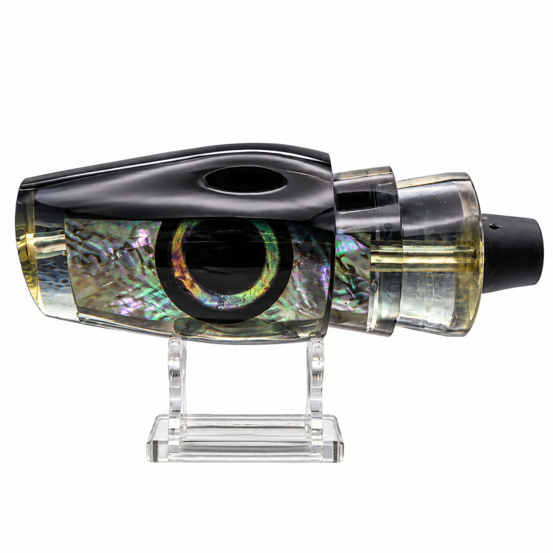 Load image into Gallery viewer, Andy’s Not a Sumo Black Back Smoke Bottom offshore trolling lure head with White Mother of Pearl insert
