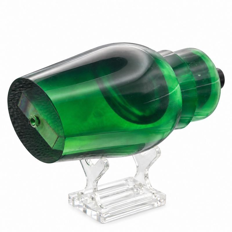 Load image into Gallery viewer, Front angled view of Andy’s Not a Sumo Black Green Back Neon Green Bottom trolling lure head with White MOP insert

