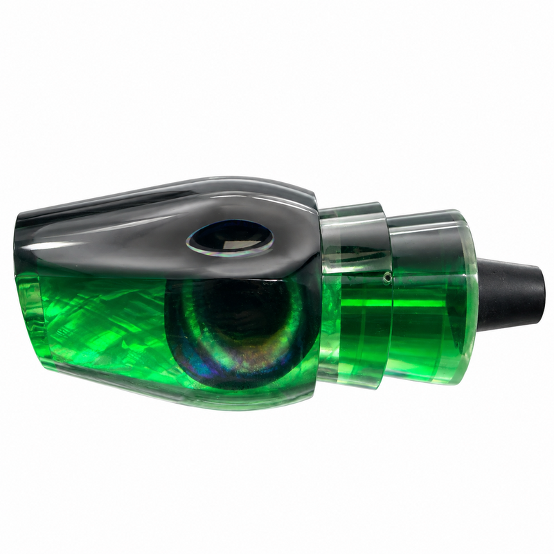 Load image into Gallery viewer, Side view of Andy’s Not a Sumo Black Green Back Neon Green Bottom offshore trolling lure head with White MOP insert
