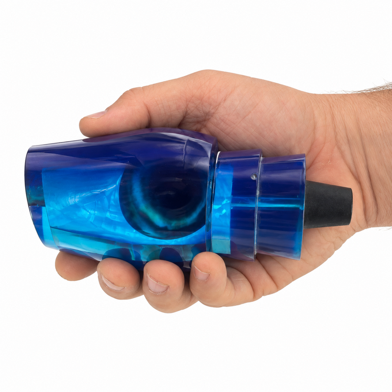 Load image into Gallery viewer, Andy’s Not a Sumo Blue Back Bermuda Blue Bottom trolling lure head with White MOP shown in hand for size reference
