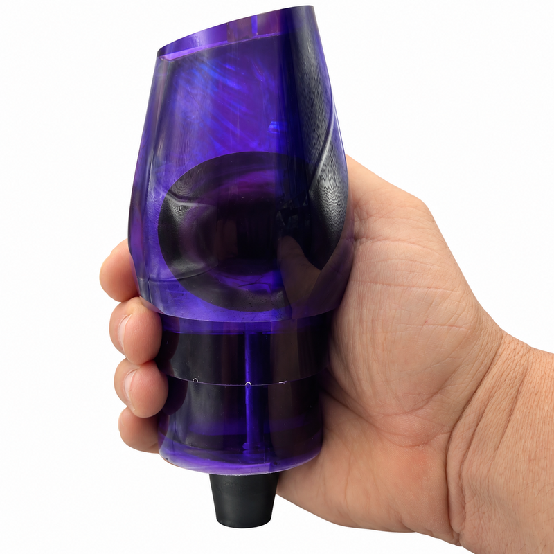 Load image into Gallery viewer, Bottom angled view of Andy’s Not a Sumo Blue Back Purple Belly offshore trolling lure head with White MOP shown in hand
