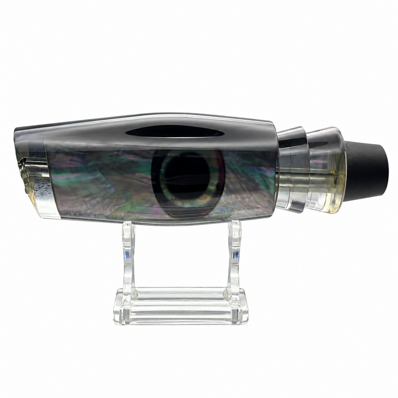 Load image into Gallery viewer, Andy’s The Bermuda Legend Black Back Smoke Bottom White Mother of Pearl trolling lure head side view
