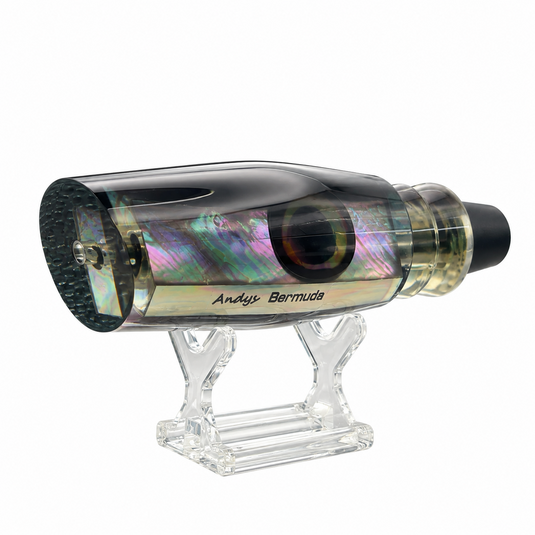 Andy’s The Bermuda Legend Black Back Smoke Bottom White Mother of Pearl trolling lure head three-quarter view