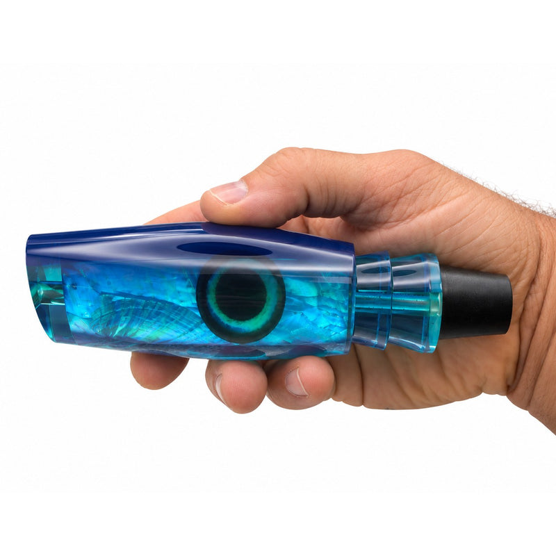 Load image into Gallery viewer, Andy’s The Bermuda Legend Blue Back Bermuda Blue Bottom trolling lure head shown in hand for size reference
