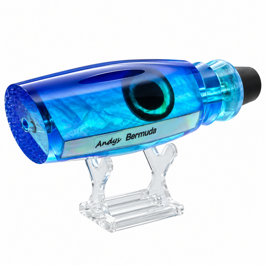 Andy’s The Bermuda Legend Blue Back Bermuda Blue Bottom White Mother of Pearl trolling lure head front angle