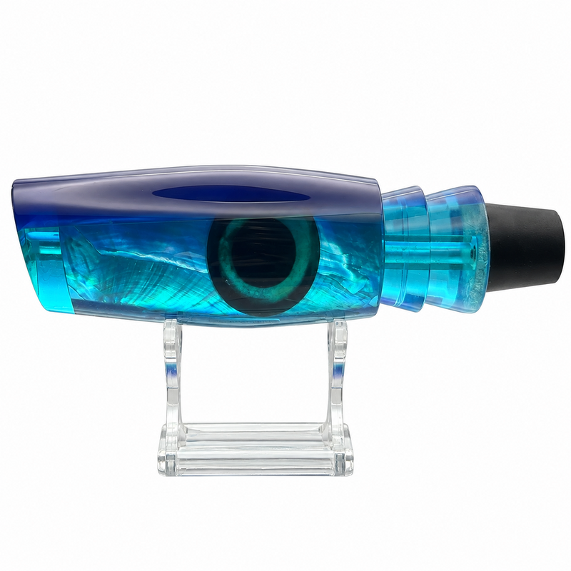 Load image into Gallery viewer, Andy’s The Bermuda Legend Blue Back Blue Belly White Mother of Pearl trolling lure head side view
