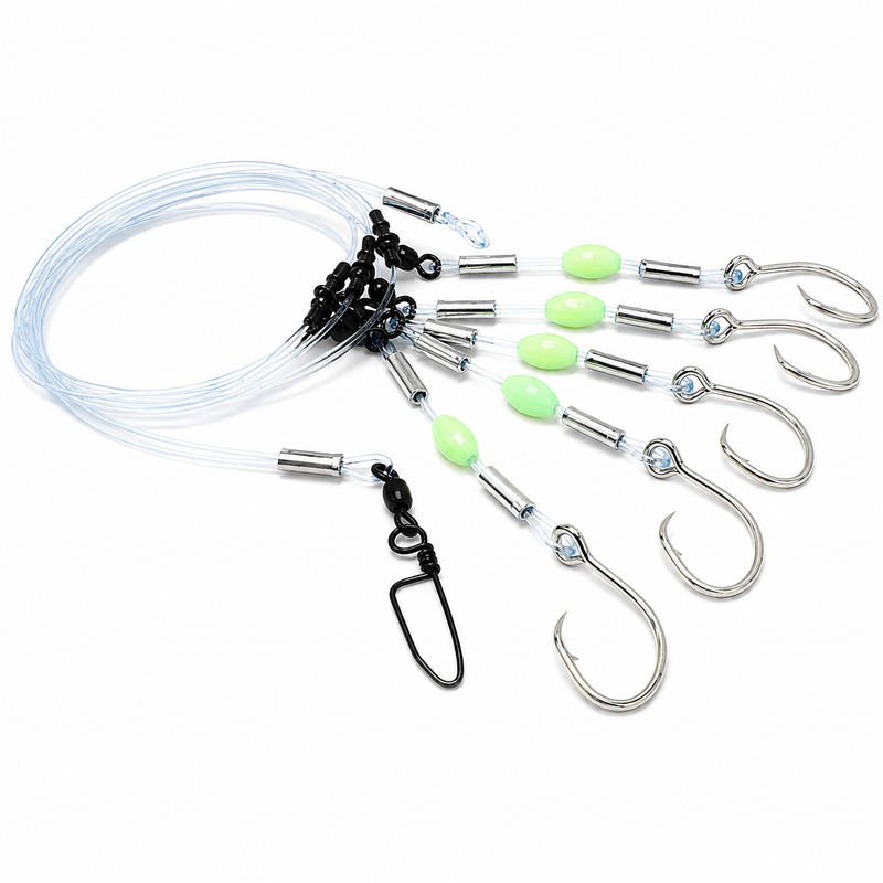 Load image into Gallery viewer, Black Hook 5 hook deep drop fishing rig with circle hooks and glow beads
