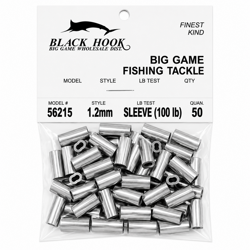 Load image into Gallery viewer, Black Hook aluminum crimp sleeves 1.2mm 100 lb test 50 pack for big game fishing
