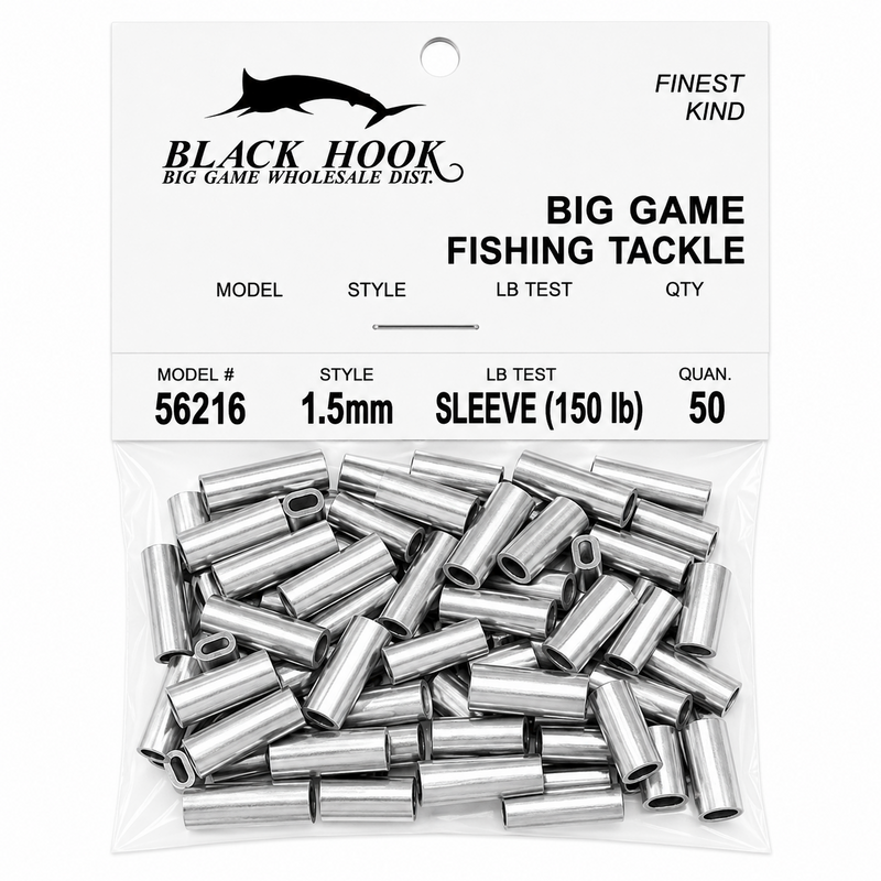 Load image into Gallery viewer, Black Hook aluminum crimp sleeves 1.5mm 150 lb test 50 pack for big game fishing
