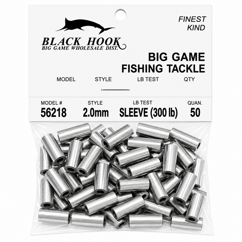 Load image into Gallery viewer, Black Hook aluminum crimp sleeves 2.0mm 300 lb test 50 pack for big game fishing
