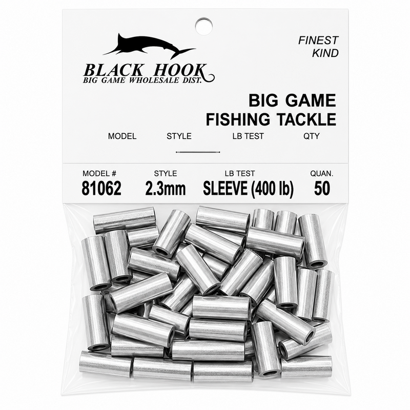 Load image into Gallery viewer, Black Hook aluminum crimp sleeves 2.3mm 400 lb test 50 pack for big game fishing
