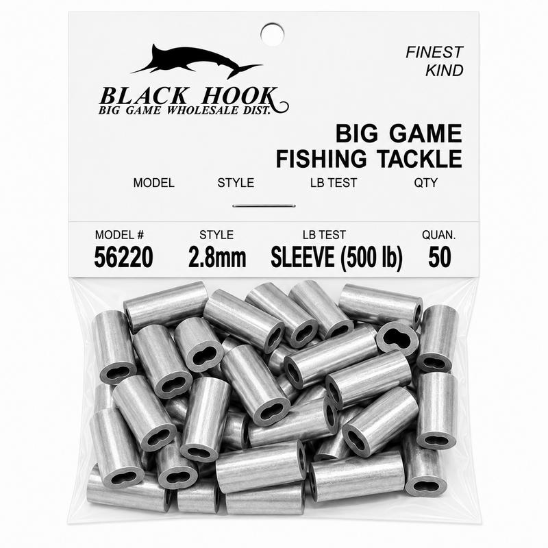 Load image into Gallery viewer, Black Hook aluminum crimp sleeves 2.8mm 500 lb test 50 pack for big game fishing
