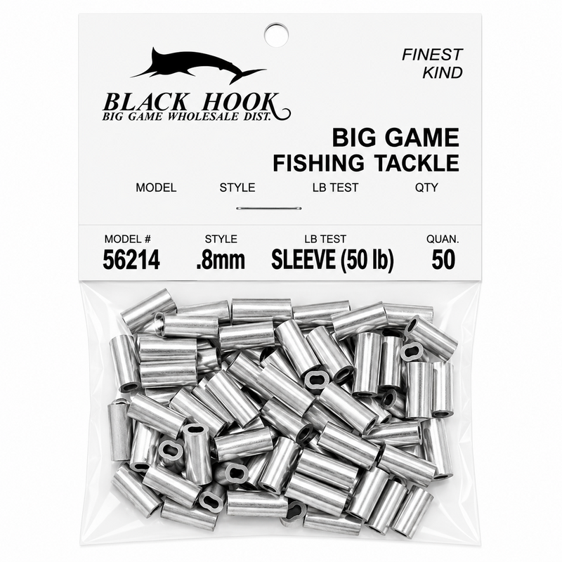 Load image into Gallery viewer, Black Hook aluminum crimp sleeves 0.8mm 50 lb test 50 pack for big game fishing
