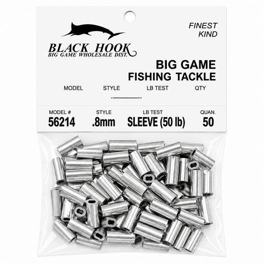 Black Hook aluminum crimp sleeves 0.8mm 50 lb test 50 pack for big game fishing