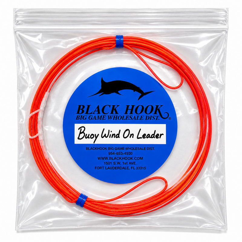 Load image into Gallery viewer, Black Hook Buoy Wind-On Leader with orange braided line in retail packaging
