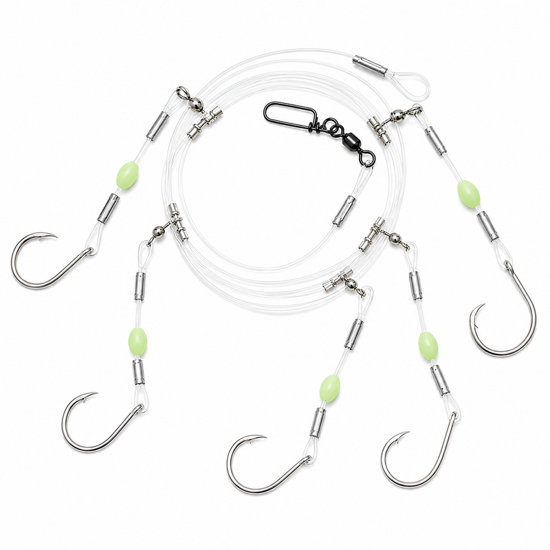Load image into Gallery viewer, Black Hook deep drop rig with five circle hooks, clear mono leader and glow beads
