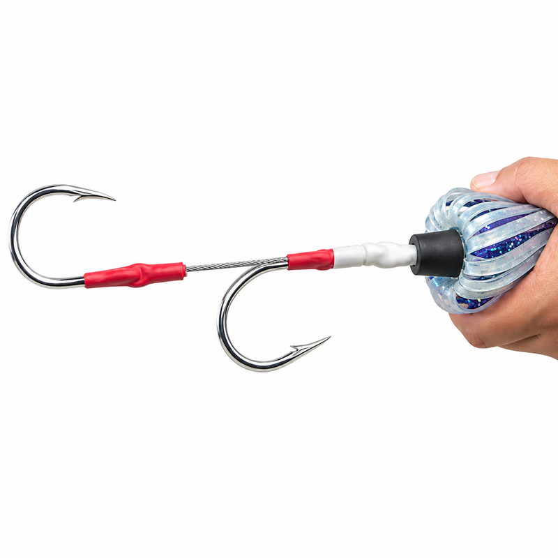 Load image into Gallery viewer, Black Hook Tackle Rubber Hook Stopper installed on an offshore double hook trolling rig
