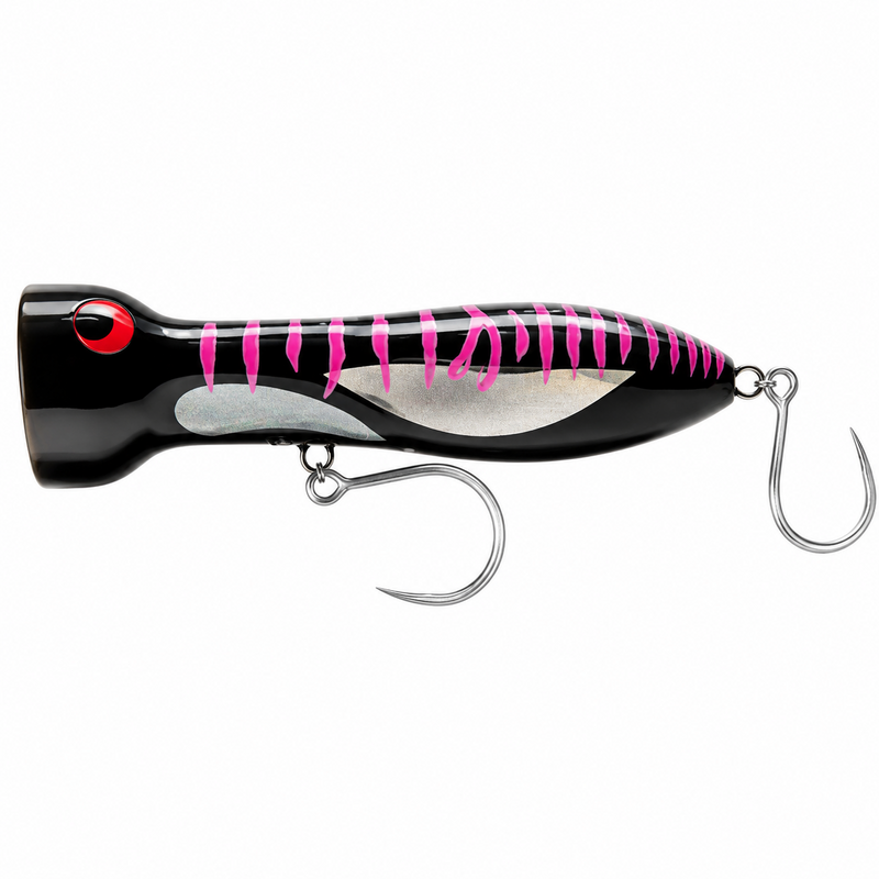 Load image into Gallery viewer, Black Pink Mack popper fishing lure with two single hooks
