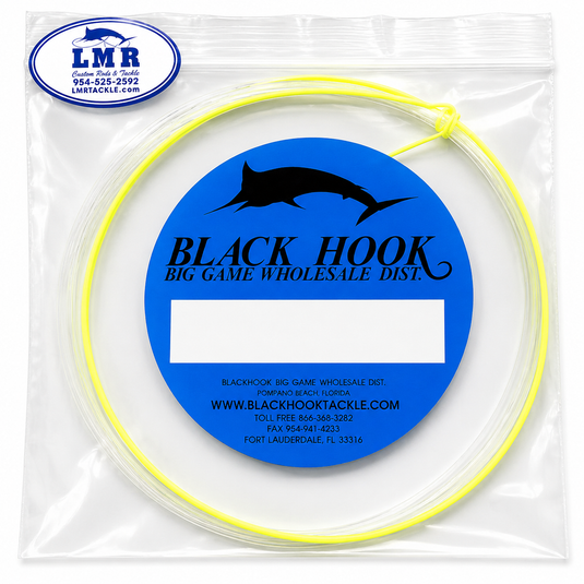 Yellow fishing line coiled inside a clear plastic bag with a blue circular label that reads 'BLACK HOOK BIG GAME WHOLESALE DIST.' and a white LMR logo at the top left.