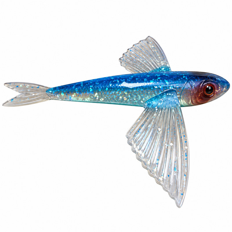 Load image into Gallery viewer, Blue flying fish offshore trolling bait with clear wings and holographic body
