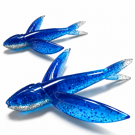 Blue flying fish offshore trolling baits with glitter body and extended wings