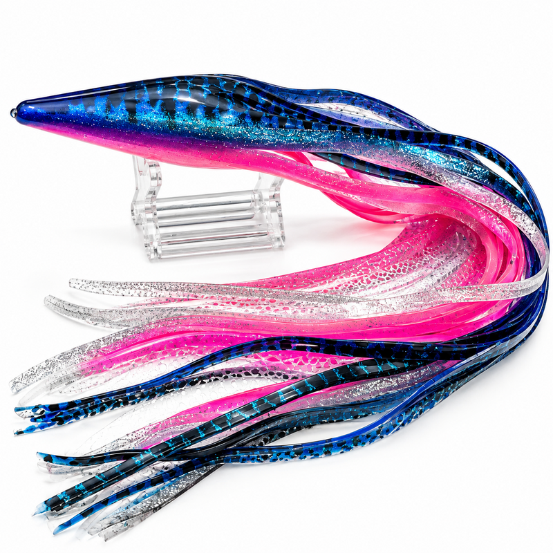 Load image into Gallery viewer, Blue Ocean 120E pink and blue aurora replacement lure skirt with silver glitter and black spots
