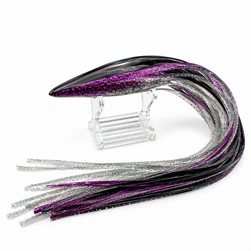 Load image into Gallery viewer, Blue Ocean 143 replacement lure skirt with black top, purple glitter lateral line and silver glitter bottom

