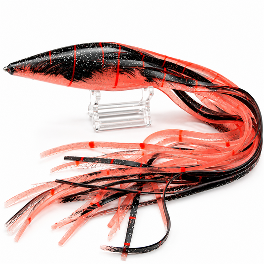 Blue Ocean 168 clear root beer replacement lure skirt with black scuffed top and orange horizontal stripes
