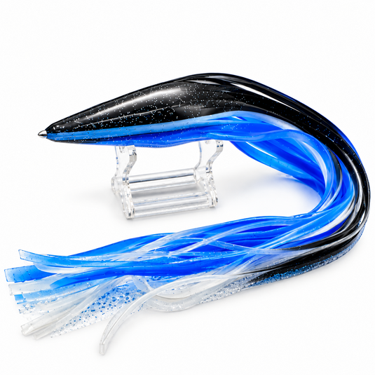 Blue Ocean 187 replacement lure skirt with black top, white stripe, clear blue bottom and silver glitter