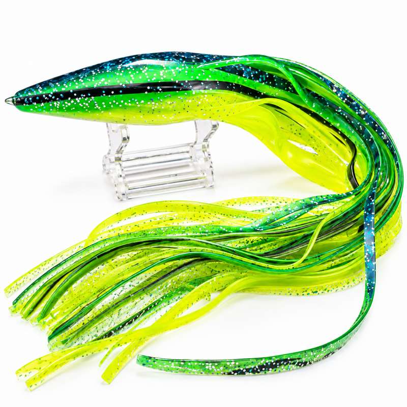 Load image into Gallery viewer, Blue Ocean 192 green blue aurora and chartreuse replacement lure skirt with black bars and holographic glitter
