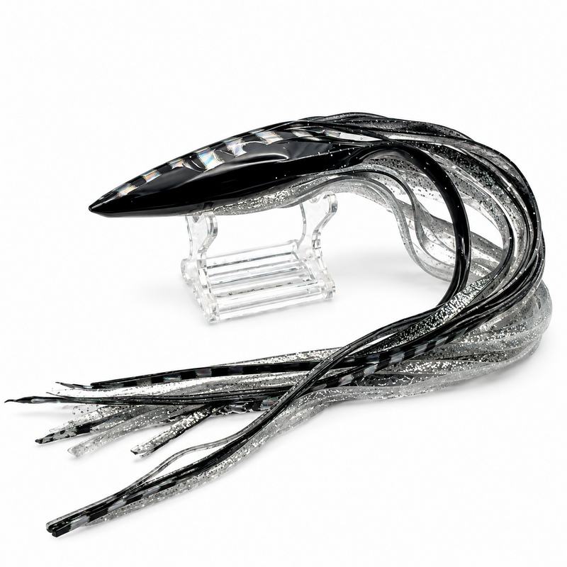 Load image into Gallery viewer, Blue Ocean 235 replacement lure skirt with black top, silver stripes and glitter, and clear silver glitter bottom
