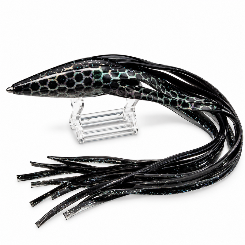 Load image into Gallery viewer, Blue Ocean M18 custom black replacement lure skirt with large glitter and black dots on the sides

