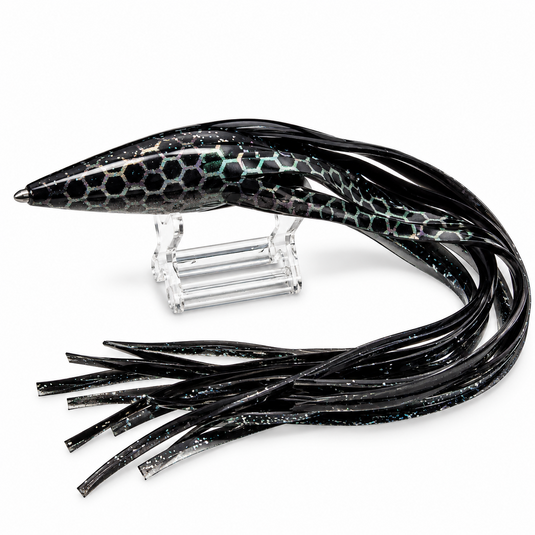Blue Ocean M18 custom black replacement lure skirt with large glitter and black dots on the sides
