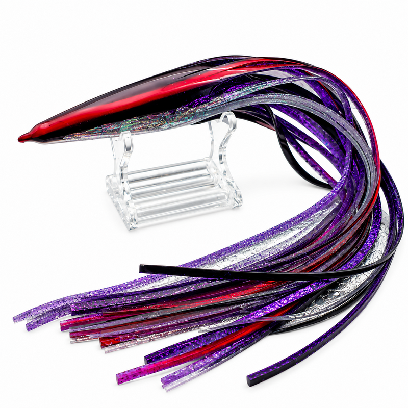 Load image into Gallery viewer, Blue Ocean M7 black and purple replacement lure skirt with blue glitter, aurora stripes and red lateral line
