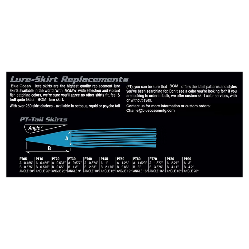Load image into Gallery viewer, Blue Ocean replacement lure skirt size chart with PT30, PT40, PT45, PT50, PT60, PT80 and additional skirt dimensions
